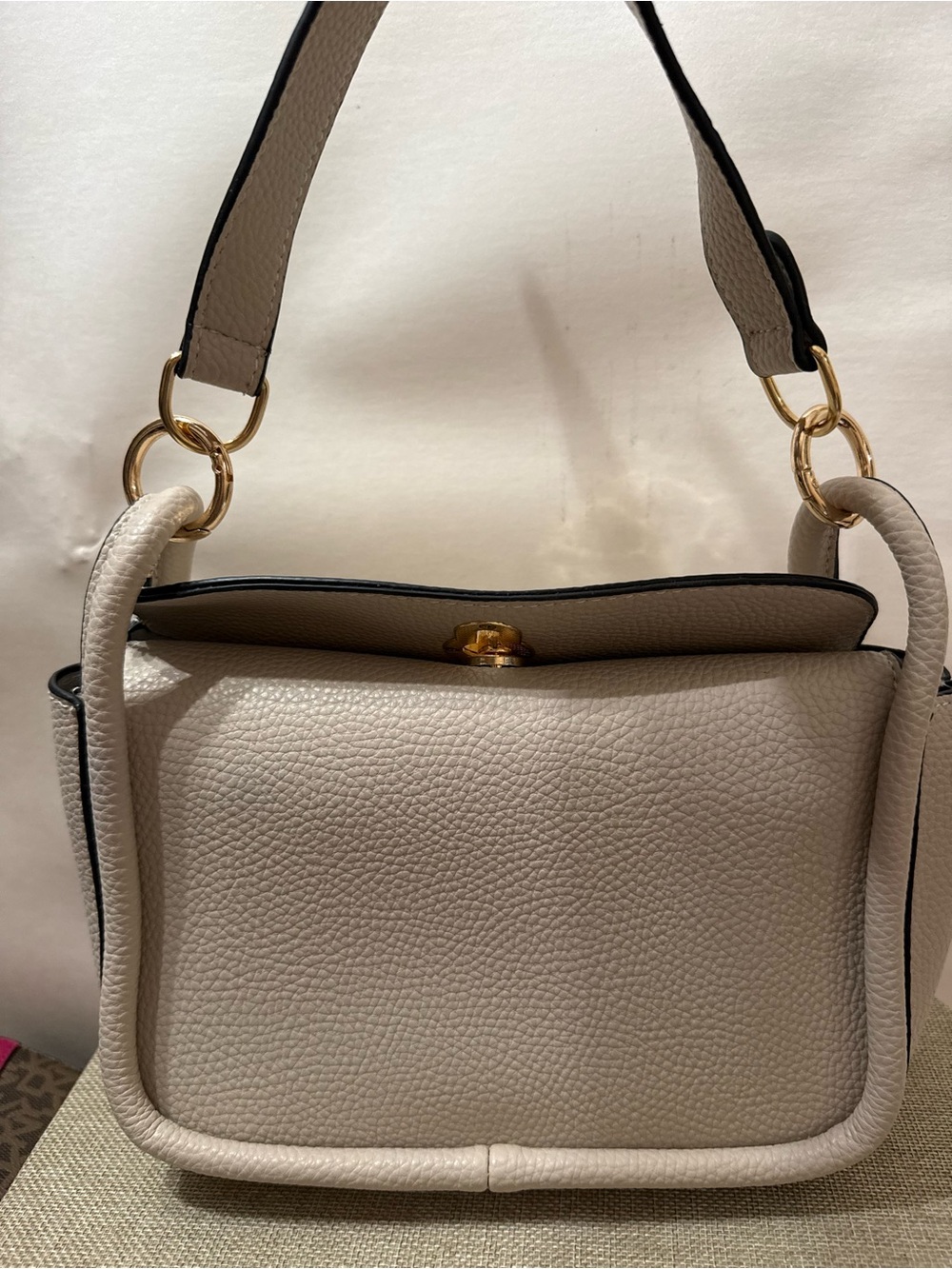 Pebbled Crossbody Bag in Light Beige with Gold Accent - Picture 2 of 4